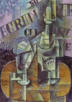 パブロ・ピカソ Painting - カフェのペルノテーブルのボトル 1912年 パブロ・ピカソ